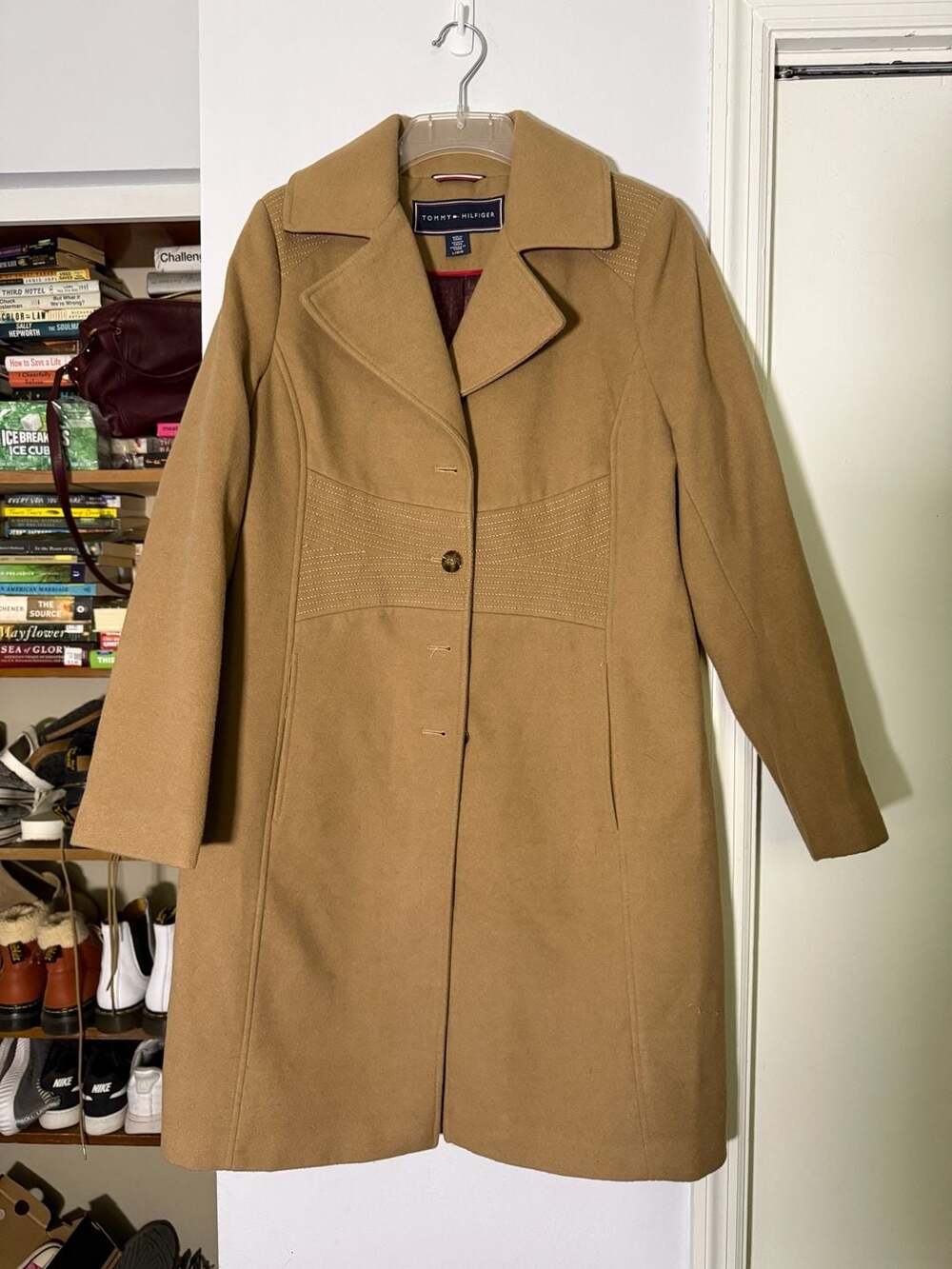 Tommy Hilfiger Wool Blend Walker Coat Size L Camel Tan